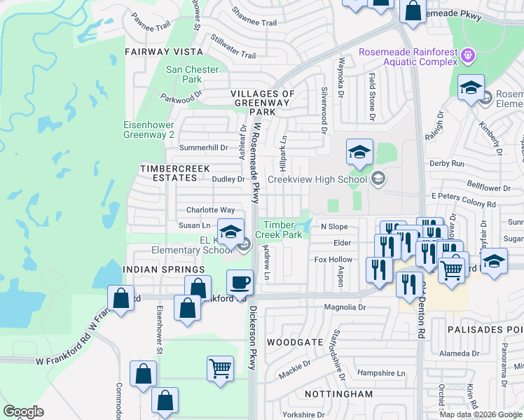 map of restaurants, bars, coffee shops, grocery stores, and more near 3201 Willow Ridge Trail in Carrollton