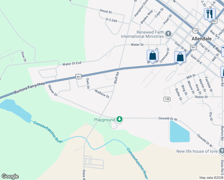 map of restaurants, bars, coffee shops, grocery stores, and more near 4110 Bluff Road in Allendale