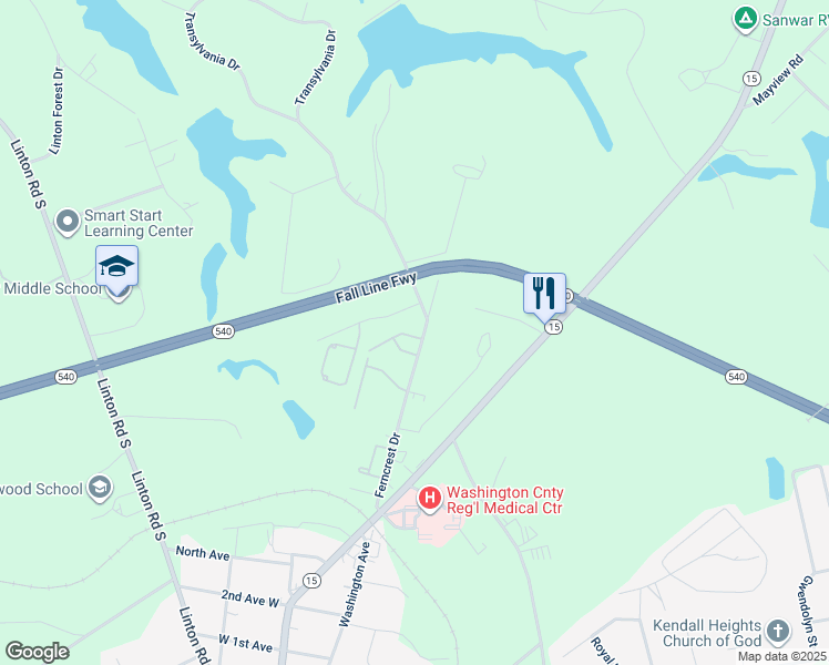 map of restaurants, bars, coffee shops, grocery stores, and more near 649 Ferncrest Drive in Sandersville