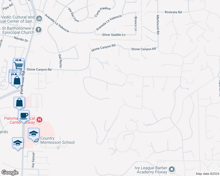 map of restaurants, bars, coffee shops, grocery stores, and more near 15725 Bowl Creek Road in Poway