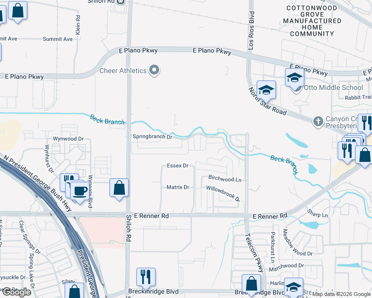 map of restaurants, bars, coffee shops, grocery stores, and more near 3700 Hackberry Lane in Richardson