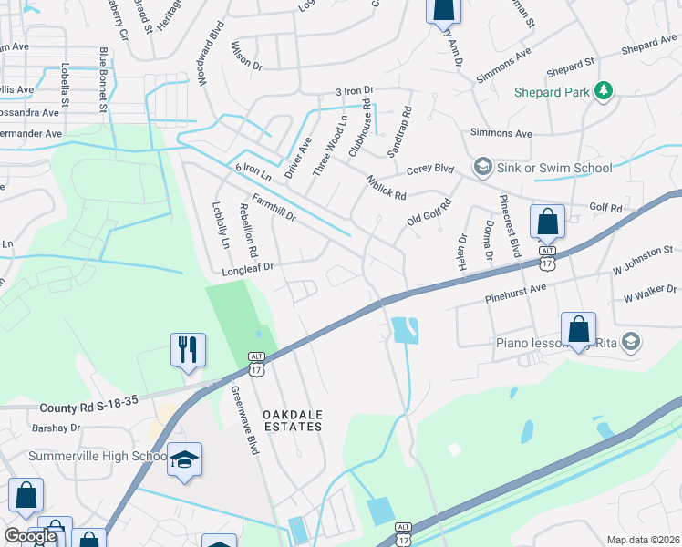 map of restaurants, bars, coffee shops, grocery stores, and more near 101 Hutson Drive in Summerville