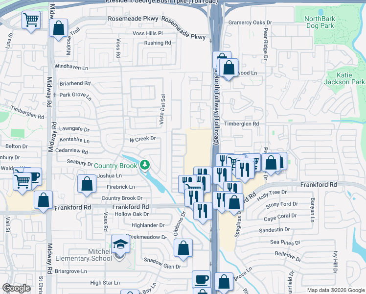 map of restaurants, bars, coffee shops, grocery stores, and more near 44 Landpiper Court in Dallas