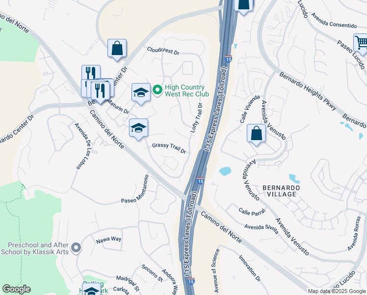 map of restaurants, bars, coffee shops, grocery stores, and more near 11479 Grassy Trail Drive in San Diego