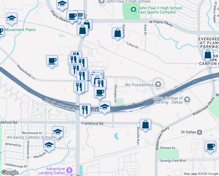 map of restaurants, bars, coffee shops, grocery stores, and more near 301 Silverglen Drive in Plano