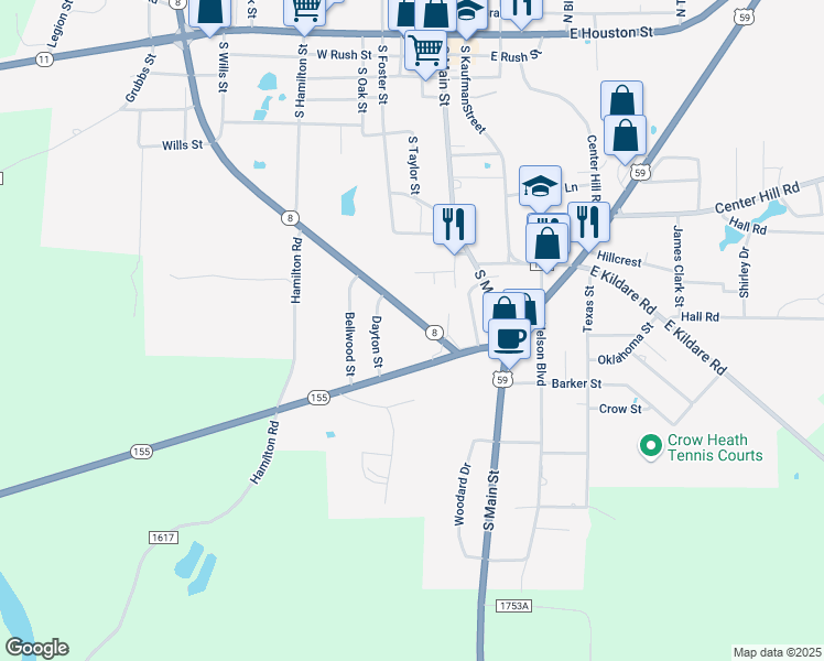 map of restaurants, bars, coffee shops, grocery stores, and more near 1302 Texas 8 in Linden