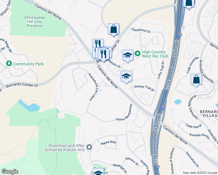 map of restaurants, bars, coffee shops, grocery stores, and more near 11239 Avenida De Los Lobos in San Diego