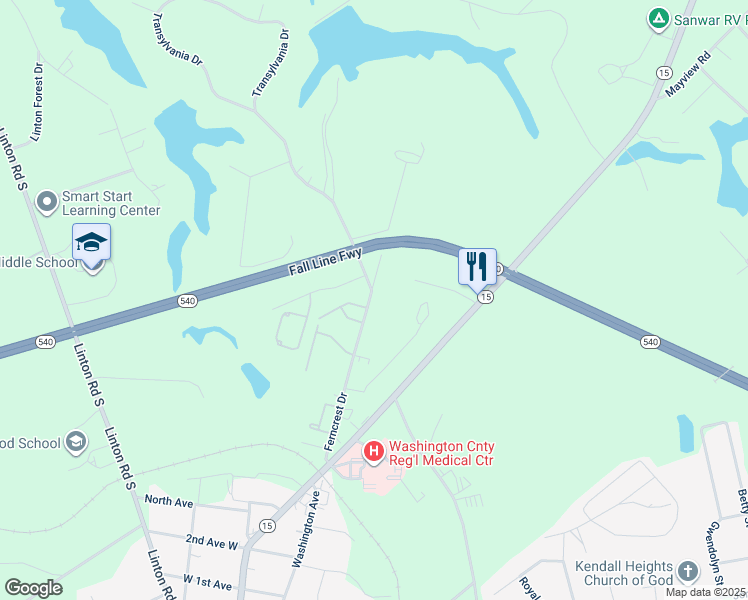 map of restaurants, bars, coffee shops, grocery stores, and more near 649 Fern Crest Drive in Sandersville