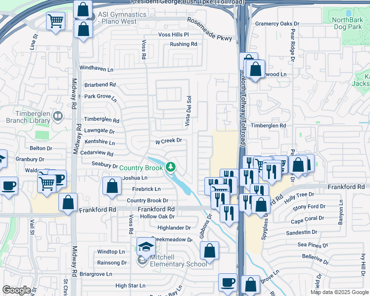 map of restaurants, bars, coffee shops, grocery stores, and more near 18508 Bay Pines Lane in Dallas
