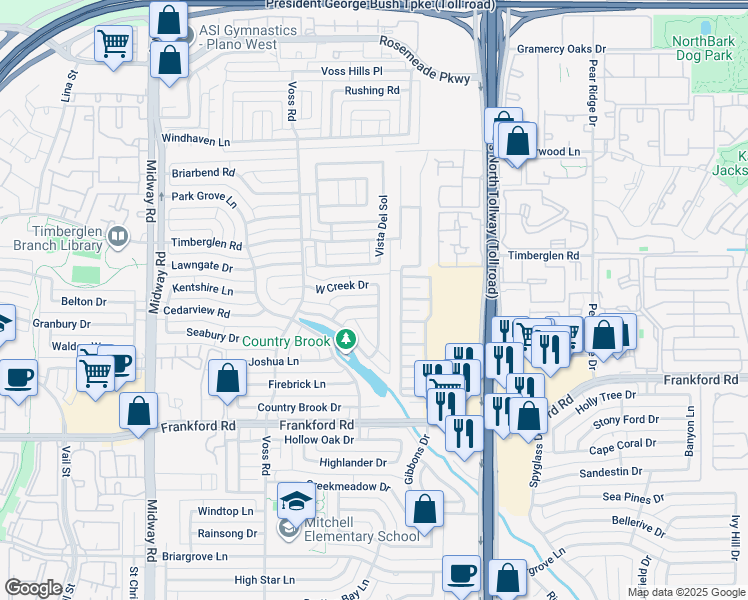 map of restaurants, bars, coffee shops, grocery stores, and more near 18508 Bay Pines Lane in Dallas