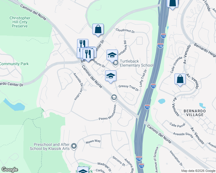 map of restaurants, bars, coffee shops, grocery stores, and more near 11223 Redbud Court in San Diego