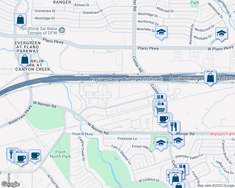 map of restaurants, bars, coffee shops, grocery stores, and more near 850 Greenside Drive in Richardson