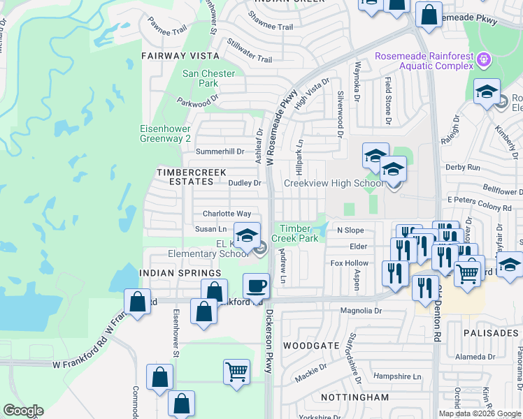 map of restaurants, bars, coffee shops, grocery stores, and more near 1403 Charlotte Way in Carrollton