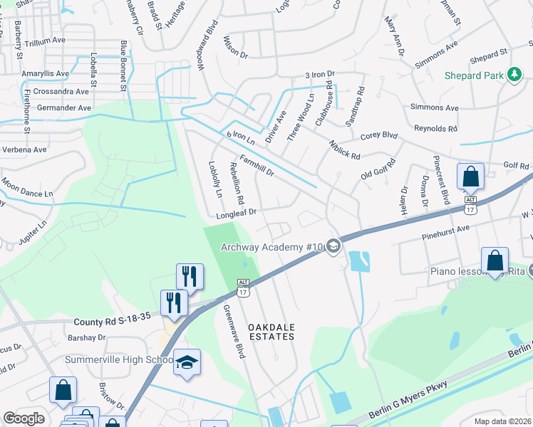 map of restaurants, bars, coffee shops, grocery stores, and more near 202 Longleaf Drive in Summerville