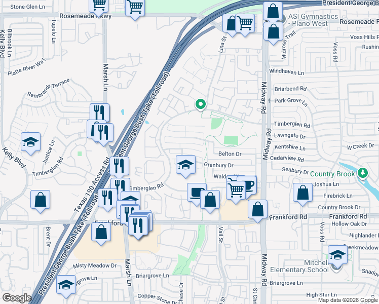 map of restaurants, bars, coffee shops, grocery stores, and more near 3703 Granbury Drive in Dallas