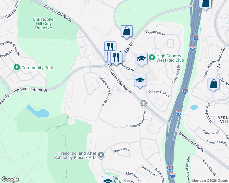 map of restaurants, bars, coffee shops, grocery stores, and more near 11231 Avenida De Los Lobos in San Diego