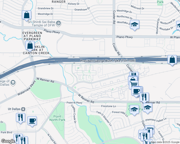 map of restaurants, bars, coffee shops, grocery stores, and more near 905 West President George Bush Highway in Richardson