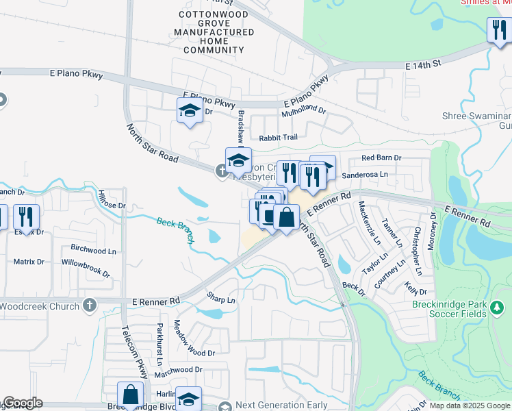 map of restaurants, bars, coffee shops, grocery stores, and more near Kyndra Circle in Richardson