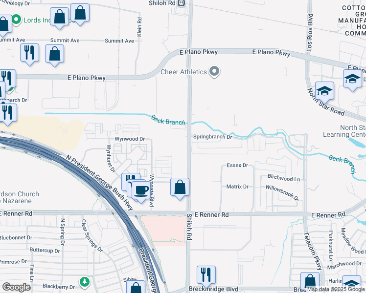 map of restaurants, bars, coffee shops, grocery stores, and more near 401 Shiloh Road in Plano