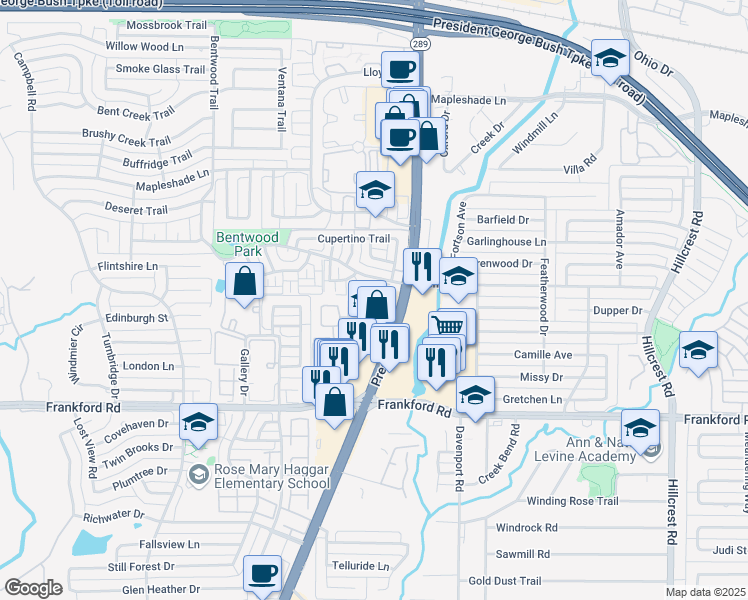 map of restaurants, bars, coffee shops, grocery stores, and more near 18383 Preston Road in Dallas