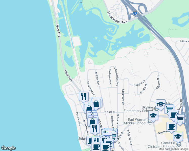 map of restaurants, bars, coffee shops, grocery stores, and more near 738 Seabright Lane in Solana Beach