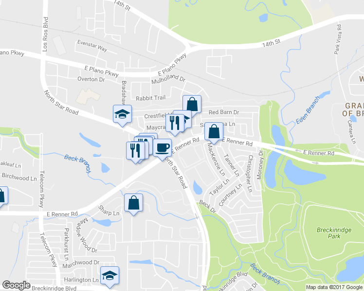 map of restaurants, bars, coffee shops, grocery stores, and more near 4360 East Renner Road in Richardson