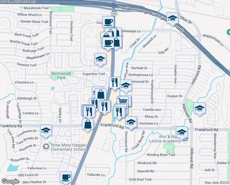map of restaurants, bars, coffee shops, grocery stores, and more near 18484 Preston Road in Dallas