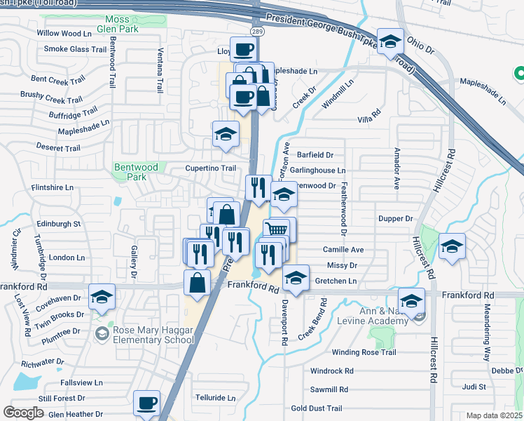 map of restaurants, bars, coffee shops, grocery stores, and more near 18484 Preston Rd in Dallas