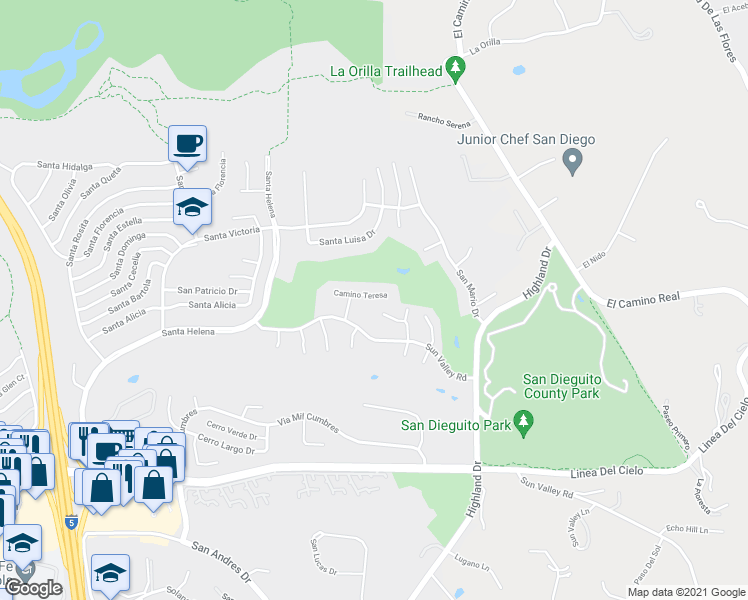 map of restaurants, bars, coffee shops, grocery stores, and more near 1355 Camino Teresa in Solana Beach