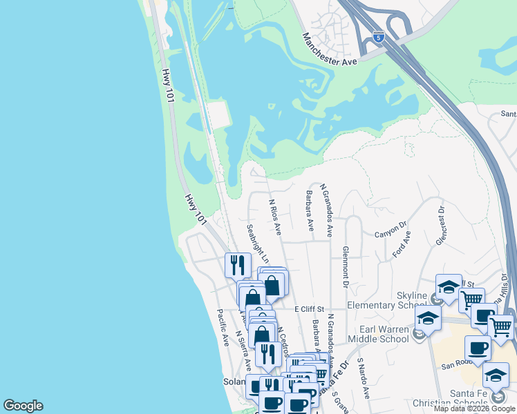 map of restaurants, bars, coffee shops, grocery stores, and more near 810 Seabright Lane in Solana Beach