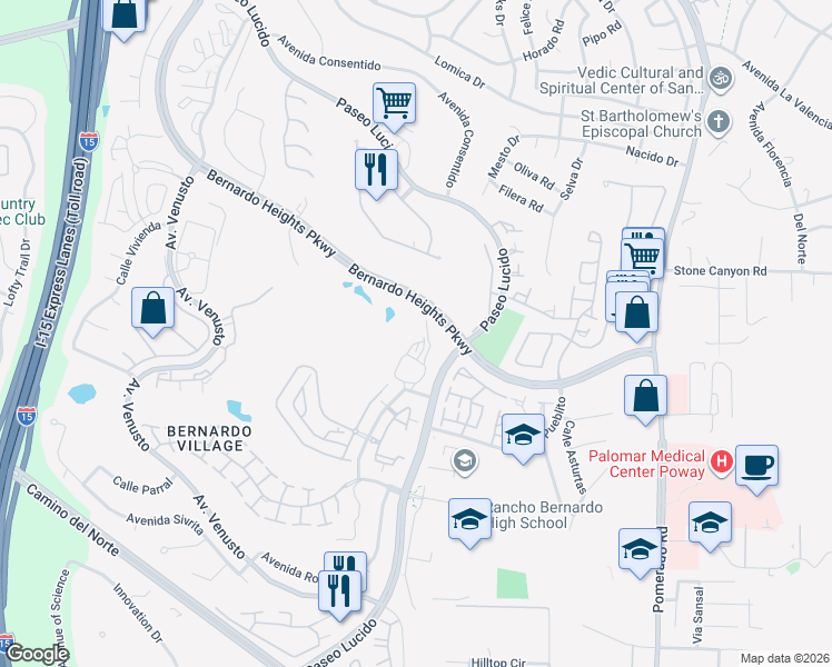 map of restaurants, bars, coffee shops, grocery stores, and more near 12260 Corte Sabio in San Diego