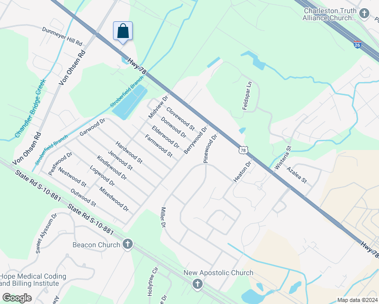 map of restaurants, bars, coffee shops, grocery stores, and more near 9864 Berrywood Drive in Ladson