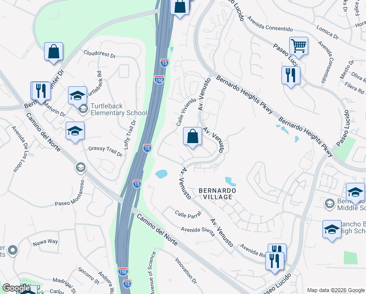 map of restaurants, bars, coffee shops, grocery stores, and more near 15720 Caminito Atico in San Diego