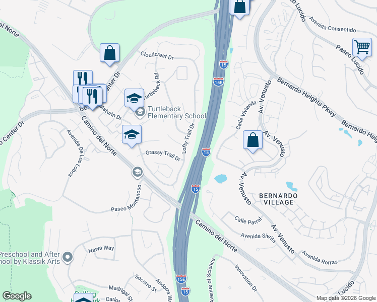 map of restaurants, bars, coffee shops, grocery stores, and more near 15865 Lofty Trail Drive in San Diego