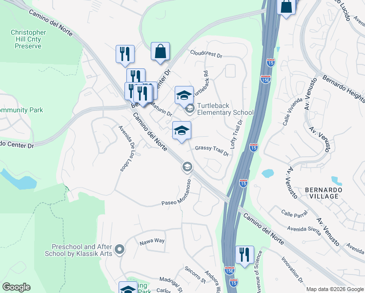 map of restaurants, bars, coffee shops, grocery stores, and more near 11223 Redbud Court in San Diego