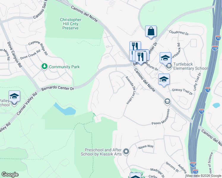 map of restaurants, bars, coffee shops, grocery stores, and more near 15772 Camino Codorniz in San Diego