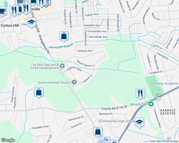 map of restaurants, bars, coffee shops, grocery stores, and more near 161 Jupiter Lane in Summerville