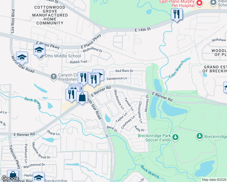 map of restaurants, bars, coffee shops, grocery stores, and more near 3623 Mackenzie Lane in Richardson