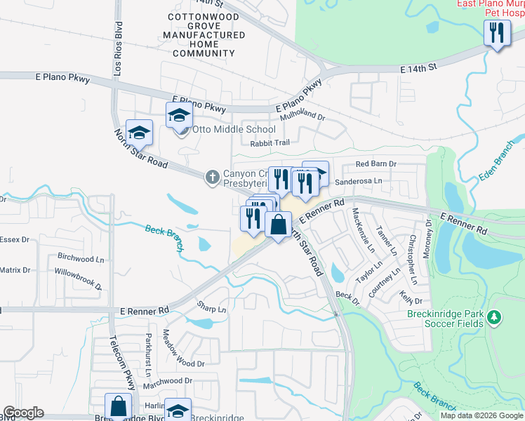 map of restaurants, bars, coffee shops, grocery stores, and more near 3601 North Star Road in Richardson