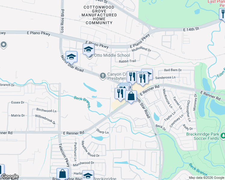 map of restaurants, bars, coffee shops, grocery stores, and more near 4064 Kyndra Circle in Richardson