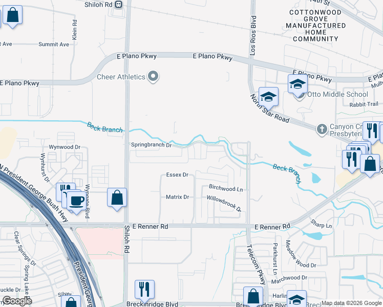 map of restaurants, bars, coffee shops, grocery stores, and more near 3700 Hackberry Lane in Richardson