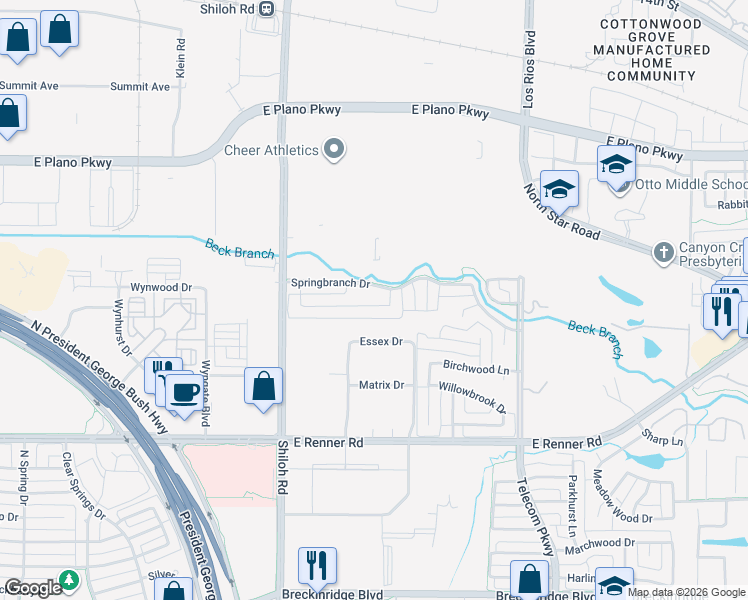 map of restaurants, bars, coffee shops, grocery stores, and more near 3204 Cedar Ridge Drive in Richardson