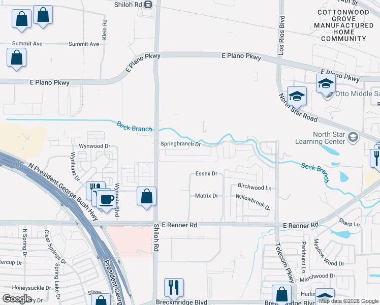 map of restaurants, bars, coffee shops, grocery stores, and more near 3204 Cedar Ridge Drive in Richardson