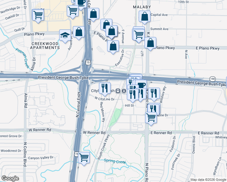 map of restaurants, bars, coffee shops, grocery stores, and more near 1300 President George Bush Turnpike in Richardson