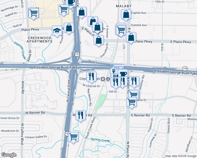 map of restaurants, bars, coffee shops, grocery stores, and more near 120 West CityLine Drive in Richardson