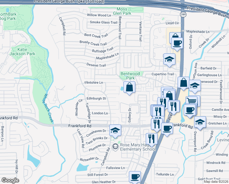 map of restaurants, bars, coffee shops, grocery stores, and more near 5905 Edinburgh Court in Dallas