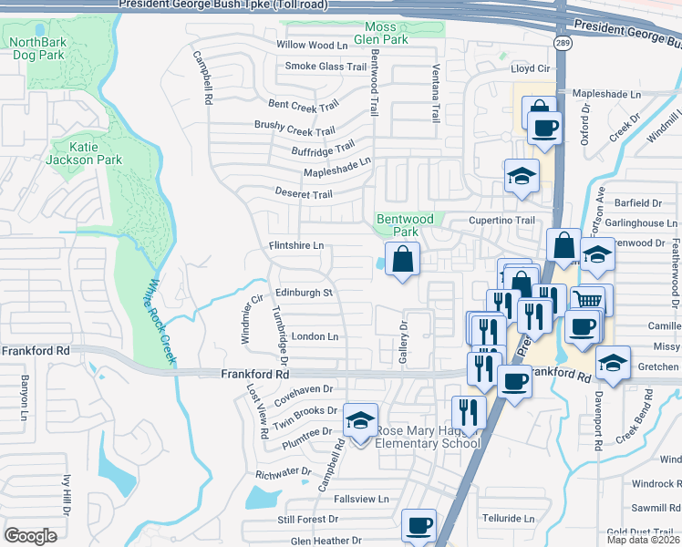 map of restaurants, bars, coffee shops, grocery stores, and more near 5905 Edinburgh Court in Dallas