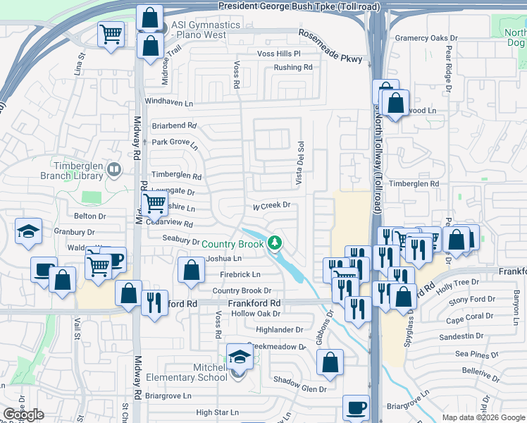 map of restaurants, bars, coffee shops, grocery stores, and more near 4408 Black Otter Trail in Dallas
