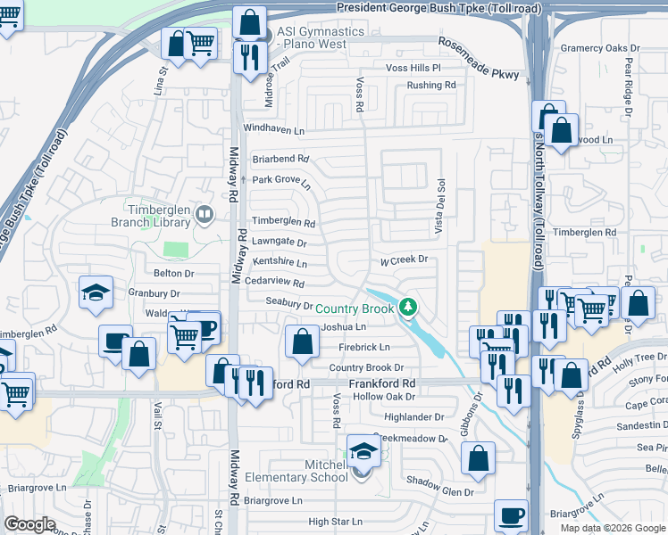 map of restaurants, bars, coffee shops, grocery stores, and more near 18512 Park Grove Lane in Dallas
