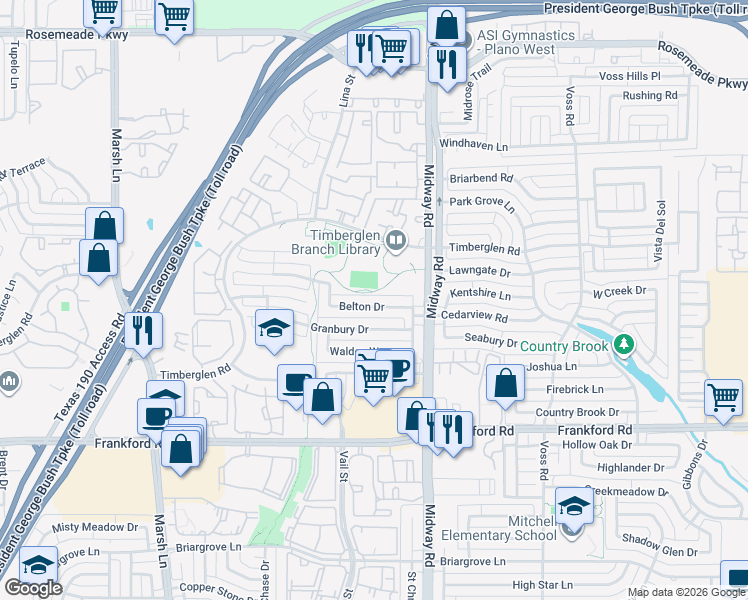 map of restaurants, bars, coffee shops, grocery stores, and more near 3907 Granbury Drive in Dallas